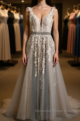 A Line V Neck Gray Lace Long Semi Formal Prom Dresses with Belt, Gray Lace Floral Formal Dresses, Gray Lace Evening Dresses