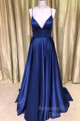 A Line V Neck Green/Blue Backless Long Semi Formal Prom Dresses, V Neck Backless Green/Blue Formal Graduation Evening Dresses