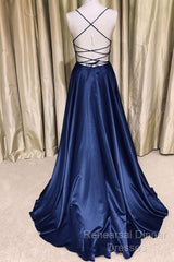 A Line V Neck Green/Blue Backless Long Semi Formal Prom Dresses, V Neck Backless Green/Blue Formal Graduation Evening Dresses