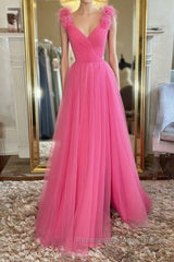 A Line V Neck Hot Pink Tulle Long Semi Formal Prom Dresses with Slit, Hot Pink Formal Graduation Evening Dresses