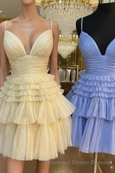 A-Line V-Neck Multi-Tiered Short Party Dress,Light Pink Cocktail Dresses Short