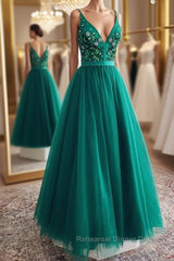 A Line V Neck Open Back Green Floral Long Semi Formal Prom Dresses, Open Back Green Formal Evening Dresses