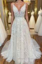 A Line V Neck Open Back White Lace Long Semi Formal Prom Dresses, V Neck White Lace Formal Dresses, White Lace Evening Dresses