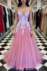 A Line V Neck Pink Long Semi Formal Prom Dresses with Lace Appliques, V Neck Pink Formal Dresses, Pink Evening Dresses