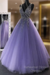 A Line V Neck Purple Beaded Long Semi Formal Prom Dresses, V Neck Backless Purple Long Formal Evening Dresses