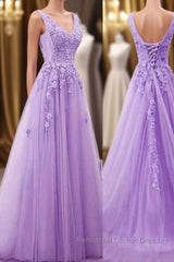 A Line V Neck Purple Lace Semi Formal Prom Dresses, Purple Lace Long Formal Bridesmaid Dresses