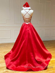 A Line V Neck Red Backless Semi Formal Prom Dresses, Red Backless Long Formal Evening Graduation Dresses