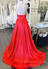 A Line V Neck Red Long Semi Formal Prom Dresses, Red V Neck Long Formal Evening Bridesmaid Dresses