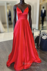 A Line V Neck Red Long Semi Formal Prom Dresses, Red V Neck Long Formal Evening Bridesmaid Dresses