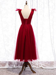 A Line V Neck Red Tea Length Semi Formal Prom Dresses with Corset Back, Red Tea Length Formal Graduation Dresses