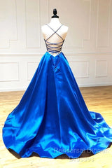 A Line V Neck Royal Blue Backless Semi Formal Prom Dresses, Open Back Royal Blue Formal Evening Graduation Dresses
