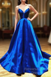 A Line V Neck Royal Blue Backless Semi Formal Prom Dresses, Open Back Royal Blue Formal Evening Graduation Dresses