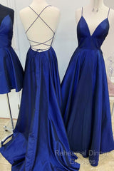 A Line V Neck Royal Blue Backless Semi Formal Prom Dresses, Royal Blue Backless Formal Evening Bridesmaid Dresses