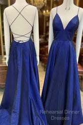 A Line V Neck Royal Blue Backless Semi Formal Prom Dresses, Royal Blue Backless Formal Evening Bridesmaid Dresses