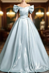 A-Line V Neck Satin Blue Long Semi Formal Prom Dress, Blue Long Formal Dress