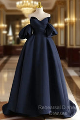 A-Line V Neck Satin Dark Blue Long Semi Formal Prom Dress, Dark Blue Long Formal Dress