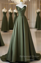 A-Line V Neck Satin Green Long Semi Formal Prom Dress, Green Long Formal Dress