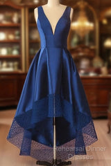 A Line V-Neck Satin Long Semi Formal Prom Dresses With Lace
