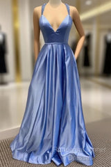 A-Line V Neck Satin Unique Long Semi Formal Prom Dresses Formal Gowns