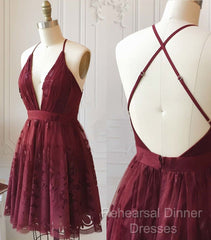 A Line V Neck Short Burgundy Lace Semi Formal Prom Dresses, Short Burgundy Lace Formal Homecoming Dresses