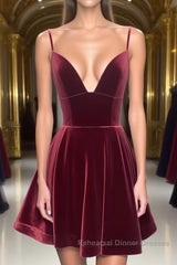 A Line V Neck Short Burgundy Semi Formal Prom Dresses, Short Wine Red Formal Homecoming Dresses