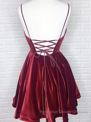 A Line V Neck Short Burgundy Semi Formal Prom Dresses, Short Wine Red Formal Homecoming Dresses
