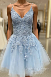 A Line V Neck Short Light Blue Lace Semi Formal Prom Dresses, Short Light Blue Lace Homecoming Dresses