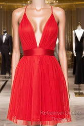 A Line V Neck Short Red/Burgundy Tulle Semi Formal Prom Dresses, Short Red/Burgundy Graduation Homecoming Dresses