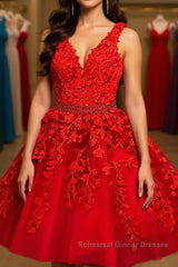 A Line V Neck Short Red Lace Semi Formal Prom Dresses, Short Red Lace Formal Homecoming Dresses