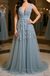 A Line V Neck Silver Gray Lace Semi Formal Prom Dresses, Grey Lace Formal Evening Dresses