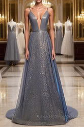 A Line V Neck Silver Gray Long Semi Formal Prom Dresses, Gray Long Formal Evening Dresses