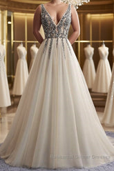 A Line V Neck Silver Gray Long Semi Formal Prom Dresses, Silver Grey Beaded Long Formal Evening Dresses