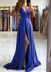 A-line V Neck Sleeveless Charmeuse Sweep Train Prom Dresses With Split