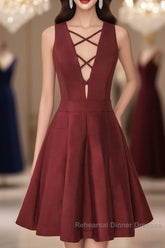 A-Line V-Neck Sleeveless Lace-Up Short Burgundy Satin Homecoming Dress