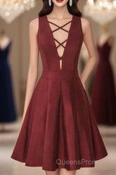 A-Line V-Neck Sleeveless Lace-Up Short Burgundy Satin Homecoming Dress