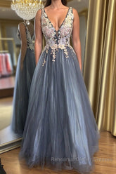 A Line V Neck Smoke Blue Long Semi Formal Prom Dresses with Lace Appliques, Floral Smoke Blue Formal Graduation Evening Dresses