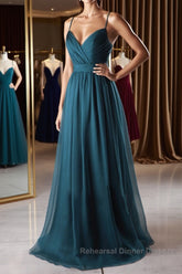 A Line V Neck Spaghetti Strap Peacock Blue Chiffon Long Semi Formal Prom Dresses, V Neck Peacock Blue Formal Dresses Graudation Evening Dresses, Peacock Blue Bridesmaid Dresses