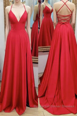 A-line V Neck Spaghetti Straps Sweep Train Charmeuse Semi Formal Prom Dresses With Pleated Split