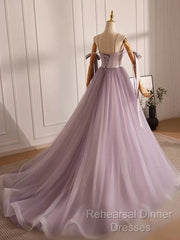 A-Line V Neck Tulle Beads Purple Long Semi Formal Prom Dress, Purple Long Formal Dress
