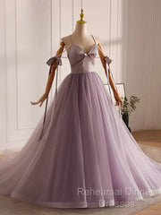 A-Line V Neck Tulle Beads Purple Long Semi Formal Prom Dress, Purple Long Formal Dress