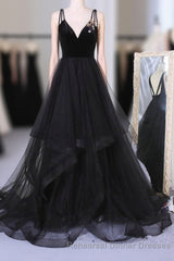 A Line V Neck Tulle Black Ball Gown, Black Semi Formal Prom, Black Semi Formal Prom