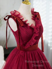 A-Line V Neck Tulle Burgundy Long Semi Formal Prom Dress, Burgundy Long Evening Dress