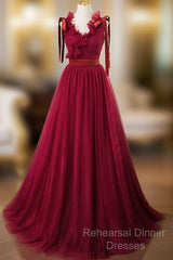 A-Line V Neck Tulle Burgundy Long Semi Formal Prom Dress, Burgundy Long Evening Dress