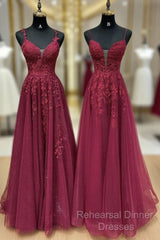 A-Line V Neck Tulle Lace Burgundy Long Semi Formal Prom Dress, Burgundy Long Evening Dress