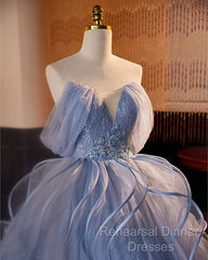 A-Line V Neck Tulle Lace Gray Blue Long Semi Formal Prom Dress, Blue Long Sweet 16 Dress