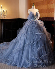 A-Line V Neck Tulle Lace Gray Blue Long Semi Formal Prom Dress, Blue Long Sweet 16 Dress