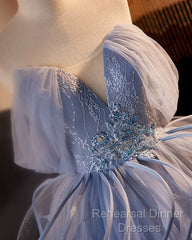 A-Line V Neck Tulle Lace Gray Blue Long Semi Formal Prom Dress, Blue Long Sweet 16 Dress