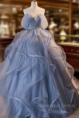 A-Line V Neck Tulle Lace Gray Blue Long Semi Formal Prom Dress, Blue Long Sweet 16 Dress