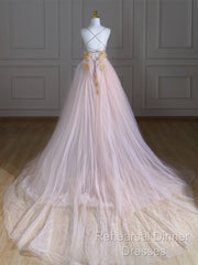 A-Line V Neck Tulle Pink Long Semi Formal Prom Dress, Pink Tulle Long Formal Dress