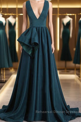 A Line V Neck V Back Green Satin Long Semi Formal Prom Dresses, Long Green Formal Evening Dresses